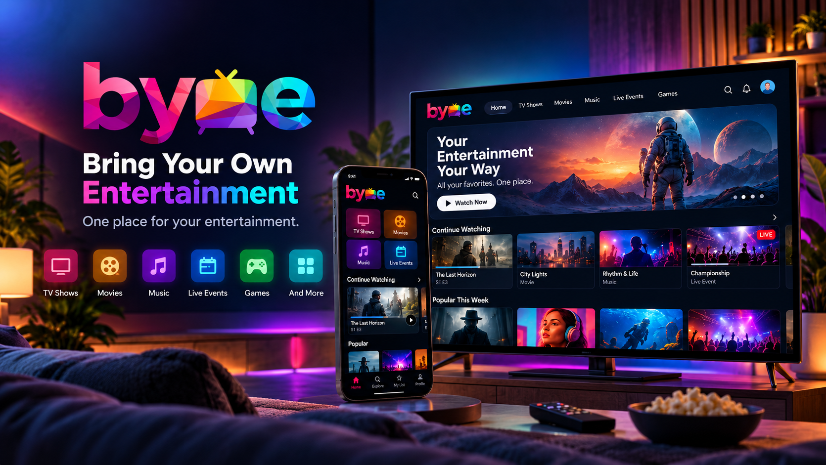 BYOE : Bring Your Own Entertainment is a centralized digital entertainment platform designed to simplify how users discover and enjoy TV shows, movies, music, live events and more. The platform brings multiple entertainment choices into one connected experience across web, mobile, Smart TVs, set-top boxes and streaming devices.